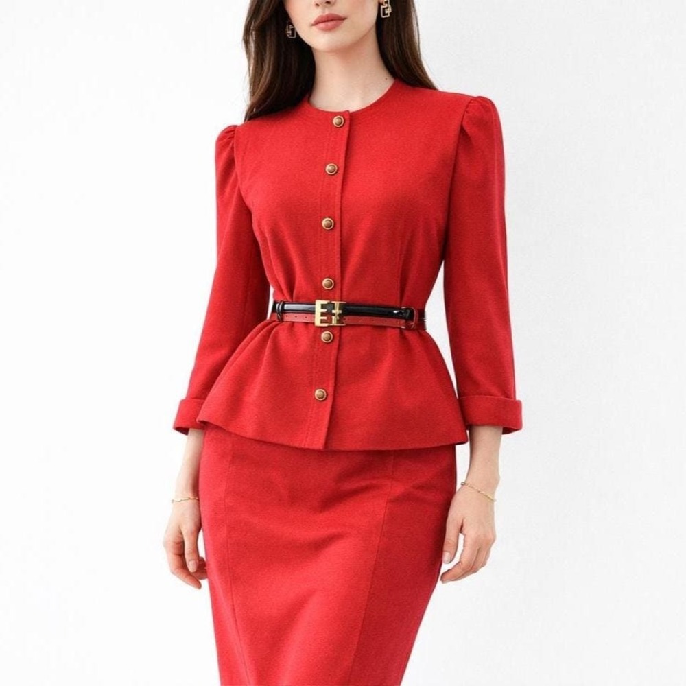 70s Vintage Red Knit Skirt Suit Double Belted Womens 14 L Puff Sleeve Designer